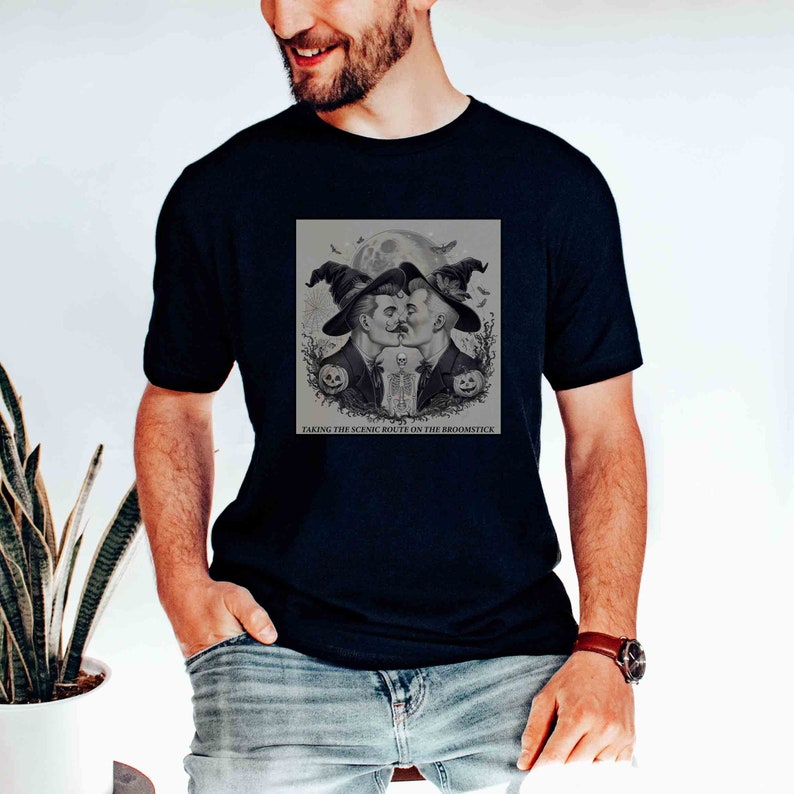 Taking The Scenic Route On The Broomstick Gay Funny Halloween Shirt, Gift For Pride, Queer Apparel, LGBT Gay Men Tee, Two Men Kiss Witch Top image 8