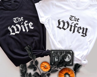 The Wife & The Wifey Lesbian Gothic Shirt, Lesbian Married Couple Tee, Lesbian Wedding Funny Gift, Lesbian Honeymoon Punk Goth Match Shirt