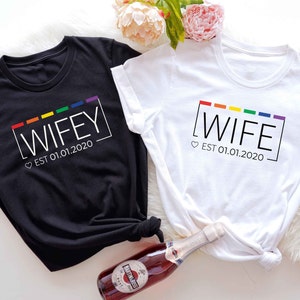 Lesbian Wife Rainbow Pride Custom Date Shirt, Lesbian Mrs Wedding, Lesbian Gay Bachelorette Party Decor, Two Brides Wedding Engagement Gift