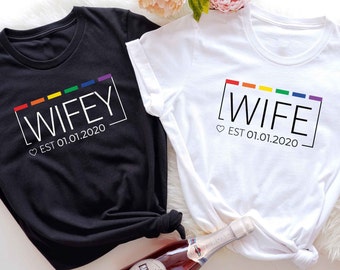 Lesbian Wife Rainbow Pride Custom Date Shirt, Lesbian Mrs Wedding, Lesbian Gay Bachelorette Party Decor, Two Brides Wedding Engagement Gift