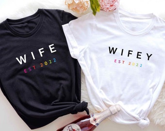 Lesbian Wife Or Wifey Rainbow Pride Custom Year Shirt, Lesbian Wedding, Gay Bachelorette Party, Two Bride Lesbian Wifey Tee, LGBTQ Newlywed