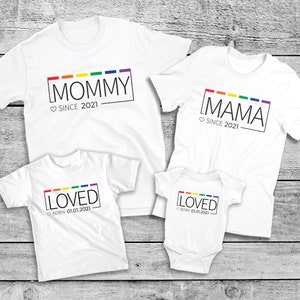 LGBTQ Two Mom Custom Title T-Shirt, Lesbian Family Pride Matching Shirt, Queer Mom Pregnancy Announcement, Lesbian Mommy Baby Shower Gift