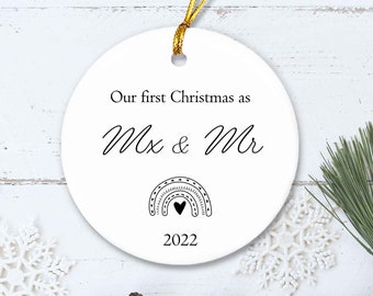 Our First Christmas MX & MR Custom Title Queer Couple Ornament Subtle Rainbow Xmas Ornament Queer Wedding Xmas Gift Trans Nonbinary Ornament