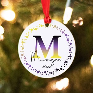 May include: A white round Christmas ornament with a purple, yellow, and black gradient letter "M" in the center. The letter is surrounded by a circle of small purple and yellow dots. The text "Morgan 2022" is written below the letter.