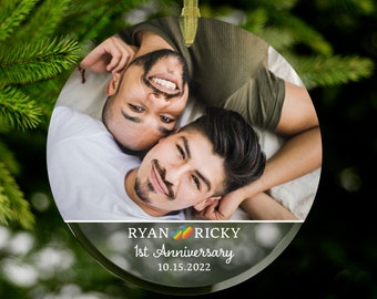 LGBTQ Anniversary Custom Photo Gay Christmas Ornament For Gay Wedding Ornament, Gay Newlywed Married Xmas Gift For Gay Husband Xmas Ornament