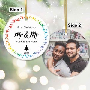 LGBTQ First Christmas Mr And Mr Custom Title & Photo Queer Ornament, Gay Just Married Gift, Queer Engaged Present, Gay Wedding Xmas Decor