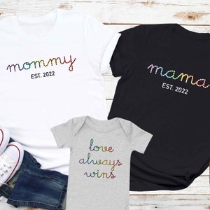 LGBTQ Lesbian Family Match Pride Shirt, Custom Same-Sex Parent Title Two Mom Baby Bodysuit, Lesbian Mommy To Be Gift For Lesbian Mothers Day