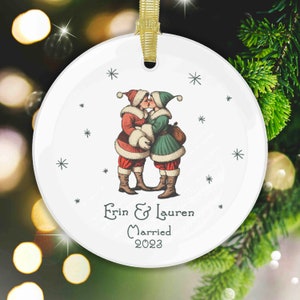 Lesbian Christmas Ornament, Kissing Santa Pride Engaged Custom Name Xmas Present, Gay Married Wedding Keepsake, Wlw Girlfriend Holiday Gift