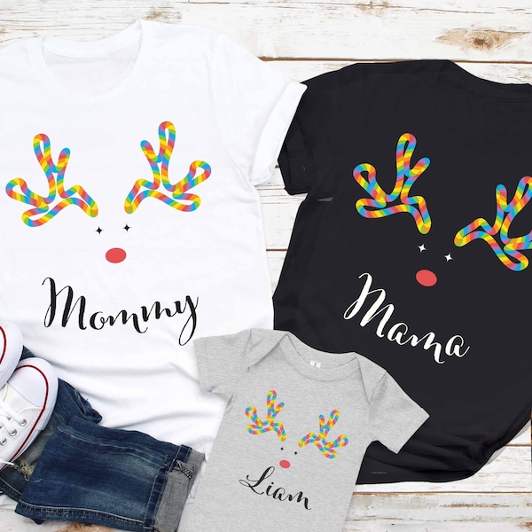 Rainbow Christmas LGBTQ Family matching Reindeer shirt, Custom Name, Lesbian Family Two Moms Shirt, Two Gay Dads Tee, Pride Christmas Tees