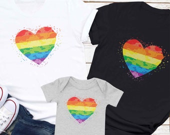 LGBTQ Family Pride Rainbow Heart Matching Shirt, Two Gay Dads, Two Lesbian Moms, LGBTQ Lesbian Family Baby Bodysuit, Gay Pride Family Shirt