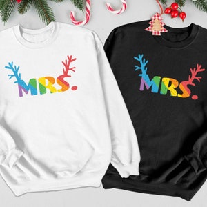 Mrs & Mrs Lesbian Christmas Rainbow Sweatshirt, Lesbian XMAS Wedding Gift, Pride Wife Matching Sweater, Two Bride Newlywed Rainbow Sweater