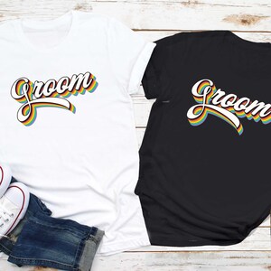 Gay Bachelor Party Groom Rainbow T Shirt, Two Groom Wedding Pride Tee, Gay Husband Queer Honeymoon Top, LGBTQ Just Married Unisex T-Shirt