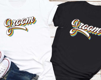 Camiseta arcoíris para despedida de soltero/a gay, camiseta orgullo para dos novios, camiseta luna de miel queer para marido/a gay, camiseta unisex LGBTQ recién casados