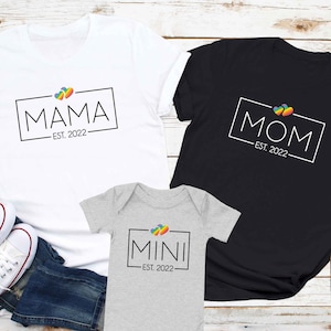 LGBTQ Lesbian Family Matching Shirt, Custom Mom Name & Date, Lesbian Two Mom Baby Bodysuit, Queer Mom To Be Gift For Lesbian Mothers Day Tee