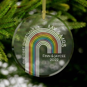 LGBTQ First Christmas Mx & Mrs Nonbinary Rainbow Ornament, Enby Newlywed Married Gift, Nonbinary Wedding Decor, Nonbinary Christmas Ornament