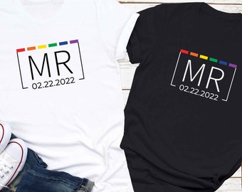 Camisa gay Mr & Mr Rainbow Date, fecha personalizada del orgullo de la boda gay, decoración de despedida de soltero gay, regalo de compromiso de boda de dos novios, camiseta de recién casados gay