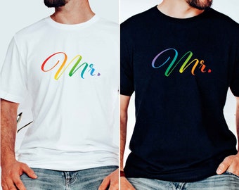 Gay Mr & Mr Rainbow Newlywed Shirt, Queer Wedding Gift For Gay Husband T-Shirt, Two Groom Newlywed Just Married Tee, LGBT Bachelor Party Top