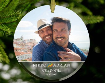 Custom Photo Gay Christmas Married Ornament For Gay Mr & Mr Wedding Ornament For LGBTQ Newlywed Gift For Two Groom Wedding Xmas Ornament