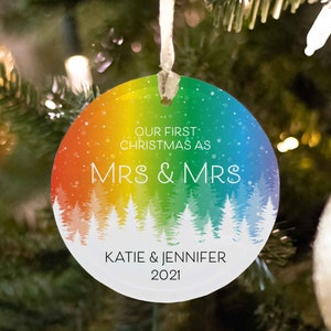 LGBTQ 1st Christmas Mrs & Mrs Married Rainbow Ornament Two Bride Wedding Gift For Lesbian Newlywed Ornament Lesbian Wife Christmas Ornament