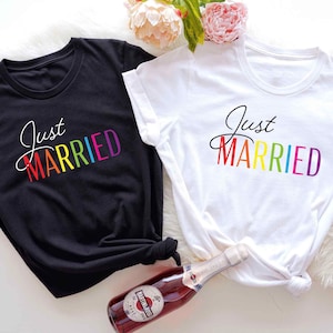 Just Married LGBTQ Rainbow Pride Shirt, Gay Honeymoon Matching Tee, Lesbian Same Sex Marriage, Two Bride Wedding Gift, Queer Newlywed Top