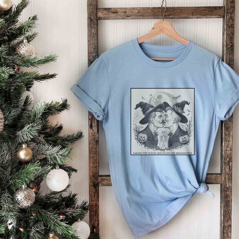 Taking The Scenic Route On The Broomstick Gay Funny Halloween Shirt, Gift For Pride, Queer Apparel, LGBT Gay Men Tee, Two Men Kiss Witch Top image 6