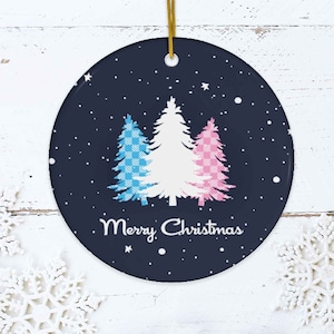 Transgender Flag Color Merry Christmas Ornament, Transgender Snowy Tree Subtle Pride Xmas Gift, LGBTQ Trans FTM MTF They Them Gender Fluid