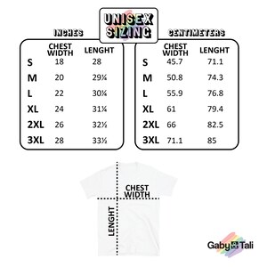 May include: Unisex sizing chart for a t-shirt, showing chest width and length measurements in inches and centimeters. The chart includes sizes S, M, L, XL, 2XL, and 3XL.