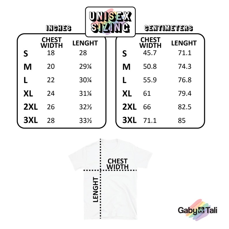 May include: Unisex sizing chart for a t-shirt, showing chest width and length measurements in inches and centimeters. The chart includes sizes S, M, L, XL, 2XL, and 3XL.