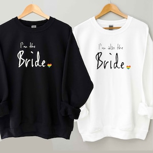 I&#39;m The Bride Lesbian Wedding Sweatshirt, Lesbian Newlywed Rainbow Heart Bride Sweater, Lesbian Honeymoon Winter Outfit, LGBTQ Bachelorette