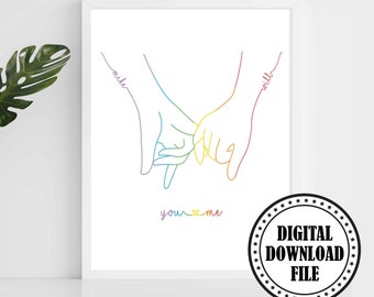 LGBTQ Rainbow Flag Hand Couple Wall Art Digital File Print For Gay Couple Gift For Lesbian Valentine Gift For Gay Wedding Gift Queer Couple