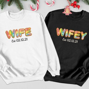 Rainbow Christmas Gingerbread Cookie Matching Lesbian Wife & Wifey Sweatshirt, Lesbian Wife Newlywed Xmas Sweater, Lesbian Wedding Xmas Gift