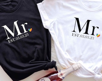 Camisa Gay Mr & Mr Rainbow EST, fecha personalizada del orgullo de la boda gay, decoración de despedida de soltero gay, regalo de compromiso de boda de dos novios, camiseta de recién casados gay