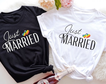 Just Married LGBTQ Rainbow Heart Shirt, Gay Honeymoon, Lesbian Newlywed, Gay Wedding Gift, Two Bride, Two Groom, Lesbian Wife, Gay Husband