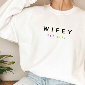LGBTQ Wife Or Wifey Rainbow Custom Year Sweater, Subtle Pride Wifey Sweatshirt, Lesbian Newlywed Couple Wedding Gift, Lesbian Wife Sweater