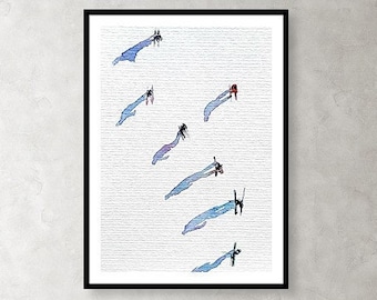 Aspen Skiers Watercolor Painting, Impressionism Art, Mountain Scene