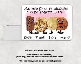 Personalized Auntie biscuit tin treat gift, Cute gift from nieces and nephews, Biscuit character biscuit tin gift for Aunt