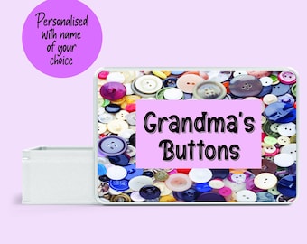 Button tin personalised gift for sewer, Seamstress gift, Tin for spare buttons, Sewing bits tin, Personalised tin storage for sewing
