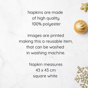 May include: White square napkins made of 100% polyester, measuring 17 x 17 inches. The napkins are reusable and machine washable. The image also shows gold Christmas ornaments.