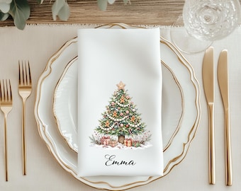 Servilleta personalizada con diseño de árbol de Navidad de bastón de caramelo y pan de jengibre – Decoración festiva para la mesa, 100% poliéster.