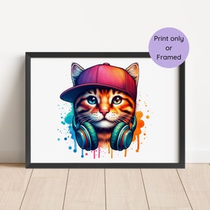Colour splash cat in headphones abstract unique kids bedroom wall picture, Birthday gift, stocking filler for teens bedroom, Graffiti style