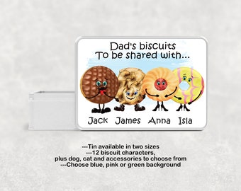 Dad's personalized biscuit tin, Biscuit character biscuit treat tin, Dad's biscuits, to be shared with, Gift from the kids, Christmas gift