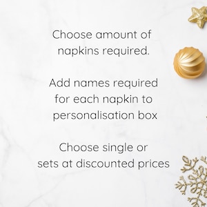 May include: White background with text: "Choose amount of napkins required. Add names required for each napkin to personalisation box. Choose single or sets at discounted prices." Gold Christmas ornaments.