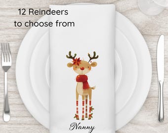 Personalised reindeer napkins, Christmas table decor napkin sets reusable