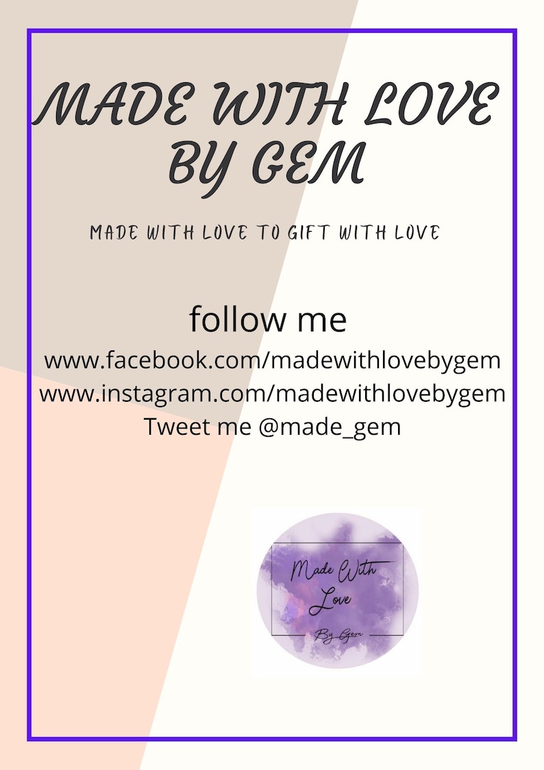 K&ouml;nnte beinhalten: Eine violette Aquarellgrafik mit dem Text "Made with Love By Gem" und den Website-Adressen f&uuml;r Facebook und Instagram. Der Text "follow me" und "Tweet me @made_gem" ist ebenfalls enthalten.