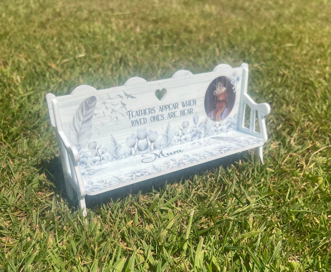 Memorial Bench, Personalized Photo Graveside Ornament, Feathers Appear