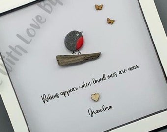 Robin memory pebble picture, robins appear when loved ones are near, memorial gift, sentimental gift, bereavement, robin wall art, frame