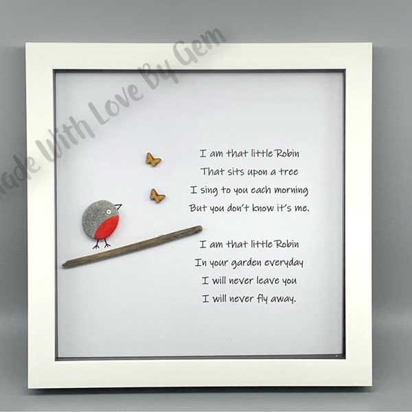 Robin pebble picture, robins appear, memorial gift, birthday gift, sentimental gift, bereavement, robin wall art, robin poem, pebble frame