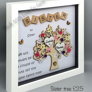 May include: A white framed shadow box with a wooden tree cutout decorated with colorful flowers, buttons, and hearts. The words "Sister" are spelled out with wooden letter tiles. The text "We will always be a couple of nuts off the same family tree!" is written below the tree. The names "Joabella" and "Charlotte" are written on the hearts. The text "Sister tree &pound;25" is written below the frame.