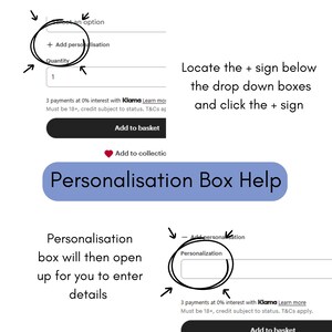 May include: Screenshot of an e-commerce product page with instructions on how to add personalization. The image includes a blue banner with the text "Personalisation Box Help" and circled areas highlighting the "Add personalisation" button and the personalization text box.