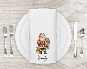 Classic Santa personalised napkins, Chritsmas table decor. Re-usable named napkins, Material Christmas napkins, Vintage style santa napkins